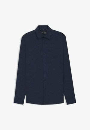 Marineblauw overhemd met lange mouwen, knoopsluiting en een geweven textuur, met een puntige kraag en een voorflap met bijpassende knopen. Verstelbare manchetten.