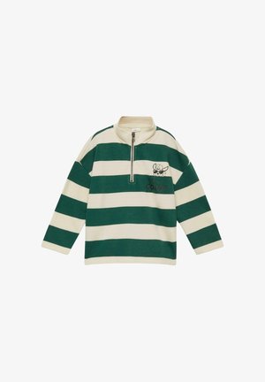 Long-sleeve pullover with green and cream horizontal stripes, half zipper, and small cartoon dog with sunglasses and text on chest.