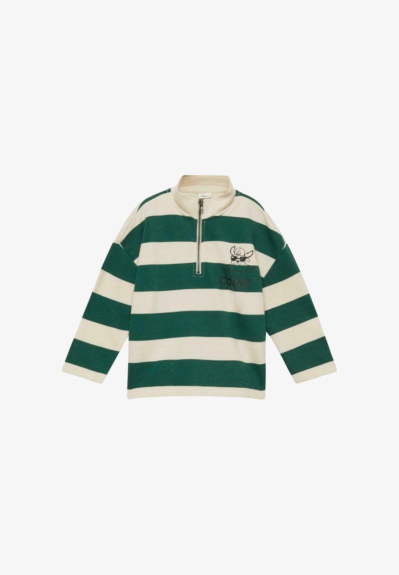 Pull à manches longues à rayures horizontales vertes et crème, demi-fermeture éclair, avec un petit chien de dessin animé portant des lunettes de soleil et un texte sur la poitrine.