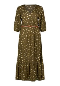 Olivegrünes, mit Blumen bedrucktes Kleid mit 3/4-Ärmeln, tailliertem Schnitt und volantiertem Saum. Inklusive einem braunen Gürtel. Leichtes Material.