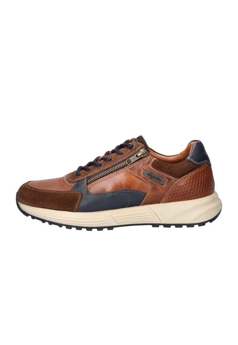 Braune und marineblaue Sneaker aus strukturiertem Wildleder und Leder, mit Schnür- und Reißverschluss, weißer Zwischensohle und Gummi-Außensohle. Geometrische Akzente an der Ferse.