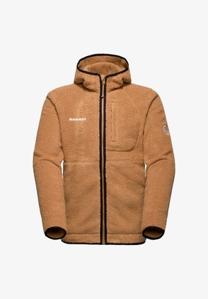 Giacca in pile marrone con cappuccio, chiusura zip frontale e tasca sul petto. Presenta bordi scuri e un logo sul lato.