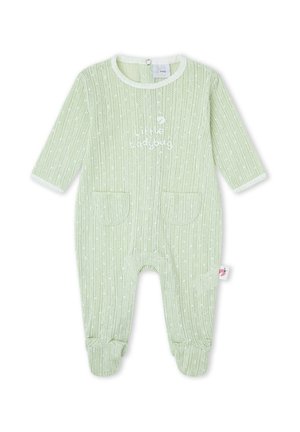 Peto de bebé tejido de color verde claro con mangas largas, pies cubiertos, dos bolsillos delanteros y texto "Pequeña Mariquita" con gráfico de mariquita.