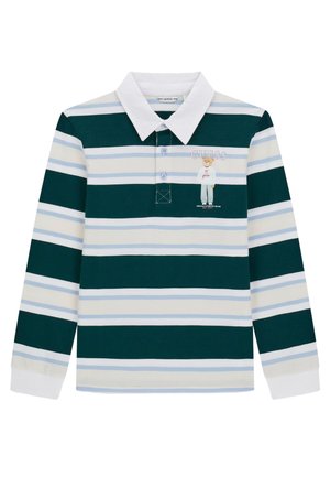 Langärmeliges Rugbyshirt mit dunkelgrünen, weißen und hellblauen horizontalen Streifen, weißem Kragen und kleinem Bärengrafik mit dem Text "GUESS" auf der Brust.