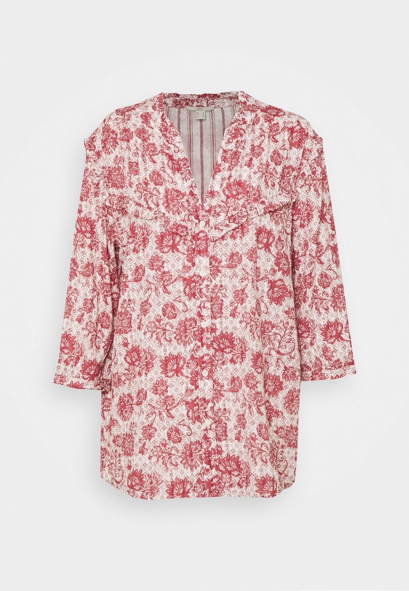 Red and white floral-patterned button-up shirt with three-quarter sleeves, collared neckline, and relaxed fit, made from lightweight fabric.