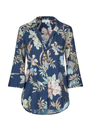 Marineblaue Bluse mit langen Ärmeln und Kragen. Sie hat ein florales Muster in hellrosa und grün und eine lockere, leicht ausgestellte Silhouette.