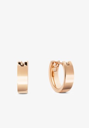 Rose gold hoop earrings with a polished smooth finish and hinged clasp, shown from front and side angles on a white background.