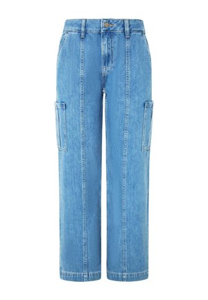 Light blue denim cargo pants with a relaxed fit, featuring two side pockets and vertical stitching details on the front.