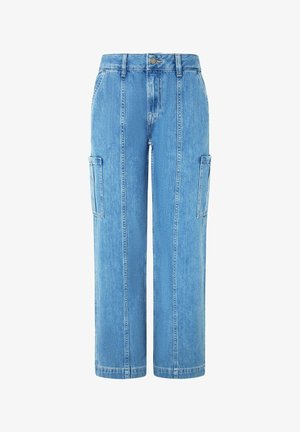 Light blue denim cargo pants with a relaxed fit, featuring two side pockets and vertical stitching details on the front.