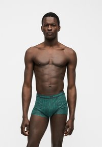 Μυώδης άνδρας στέκεται, φορώντας πράσινα σλιπ Björn Borg με σχέδια, σε απλό λευκό φόντο.