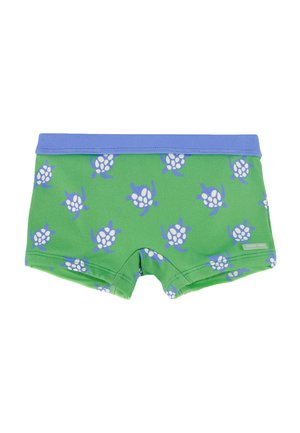 Bañador verde para niños con cinturilla azul y estampado de tortugas azules y blancas por todo el diseño.