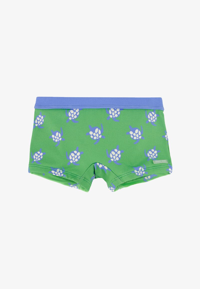 Bañador verde para niños con cinturilla azul y estampado de tortugas azules y blancas por todo el diseño.