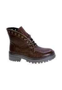 Stivaletti alla caviglia in pelle marrone con finitura testurizzata, design con lacci, occhielli color oro e parte superiore marrone con motivo a contrasto. Suola in gomma con battistrada.