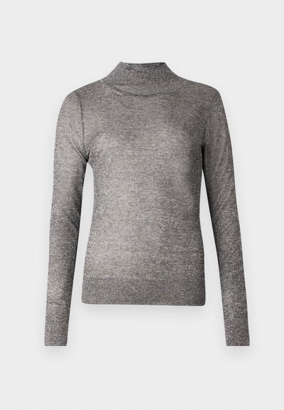 Harmaa turtleneck-paita, jossa on pitkät hihat, valmistettu kimaltavasta neulekankaasta. Ominaisuuksiin kuuluu istuva muotoilu ja ribbireunus.