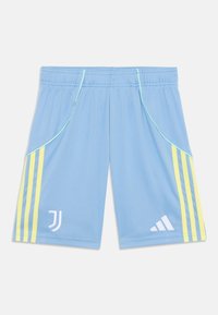 Pantaloni sportivi blu chiaro con tre strisce verticali gialle su ciascun lato, vita elastica e loghi bianchi della Juventus e di Adidas.