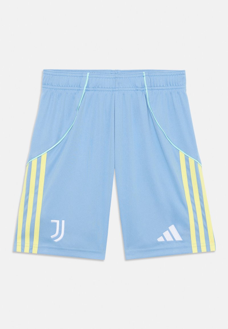 Pantaloni sportivi blu chiaro con tre strisce verticali gialle su ciascun lato, vita elastica e loghi bianchi della Juventus e di Adidas.