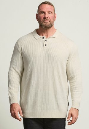 Mand med skæg iført en cremefarvet ribstrikket langærmet polotrøje og sorte bukser, stående foran en ensfarvet lys baggrund.