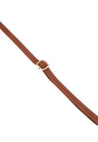 Braunes Lederarmband mit einer kleinen goldenen rechteckigen Schnalle und sichtbaren Nähten auf weißem Hintergrund.
