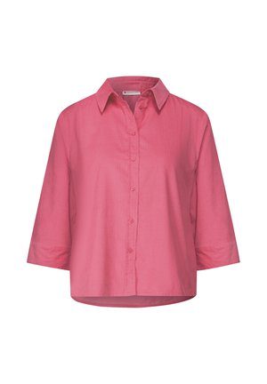 Short-sleeved, button-up shirt in a bright pink fabric. Features a collar and a relaxed fit, with no visible patterns or embellishments.