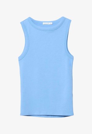 Canotta azzurra chiaro senza maniche in cotone con scollo rotondo e cuciture doppie, distesa su uno sfondo bianco.