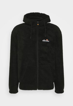 Black fleece zip-up hoodie featuring a hood, drawstrings, and a small logo on the chest. Textured fabric with side pockets.