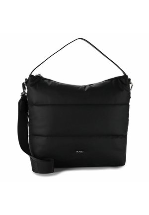 Schwarze Nylon-Schultertasche mit einer weichen, gepolsterten Textur, ausgestattet mit einem Reißverschluss, einem abnehmbaren Trageriemen und kontrastierenden Hardware-Akzenten.