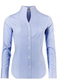 Blauw en wit gestreepte shirt met lange mouwen, een v-hals en knoopsluiting. Gemaakt van soepele stof met een getailleerde pasvorm.