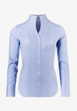 Chemise à rayures bleues et blanches, à manches longues, avec un col en v et une fermeture à boutons sur le devant. Fabriquée dans un tissu lisse avec une coupe ajustée.
