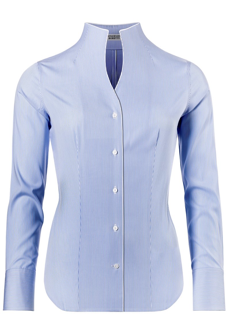 Blauw en wit gestreepte shirt met lange mouwen, een v-hals en knoopsluiting. Gemaakt van soepele stof met een getailleerde pasvorm.