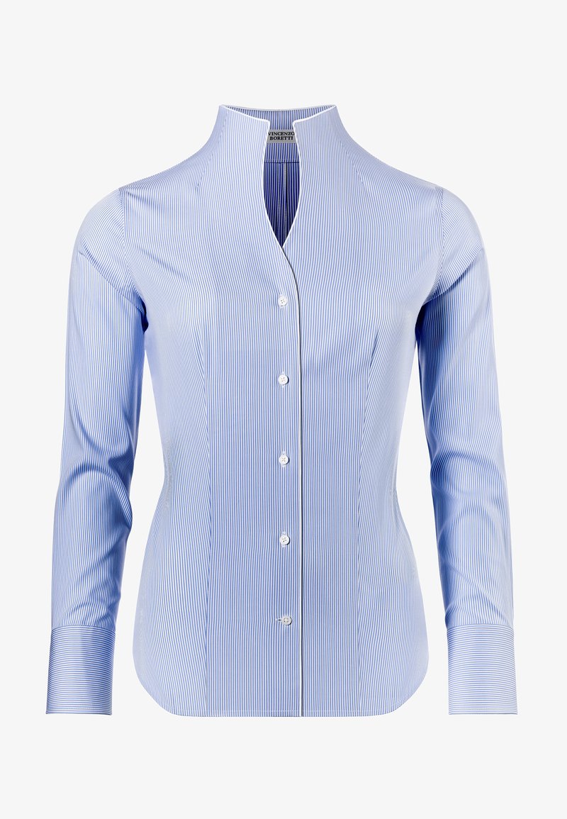 Blauw en wit gestreepte shirt met lange mouwen, een v-hals en knoopsluiting. Gemaakt van soepele stof met een getailleerde pasvorm.