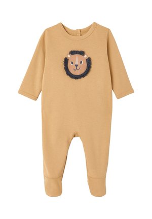 Beige long-sleeve baby romper with enclosed feet and a lion face applique featuring a textured dark mane on the chest.