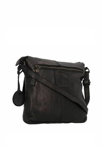 Borsa a tracolla in pelle nera con scomparto principale con zip, tracolla regolabile e un particolare in tessuto rotondo attaccato. Finitura testurizzata.