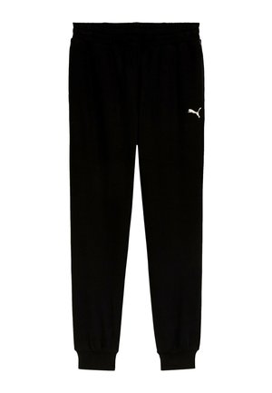 Pantaloni sport negri Puma cu talie și glezne elastice, având un mic logo alb Puma pe coapsa dreaptă.