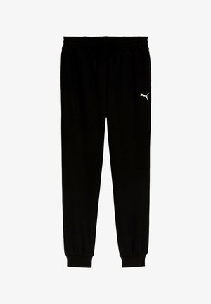 Sorte Puma-sweatpants med elastisk talje og manchetter samt lille hvid Puma-logo på højre lår.