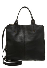 Musta nahkainen kassi kahdella kahvalla ja irrotettavalla hihnalla. Varustettu vetoketjulla, kultaisilla yksityiskohdilla ja sileällä pinnalla.