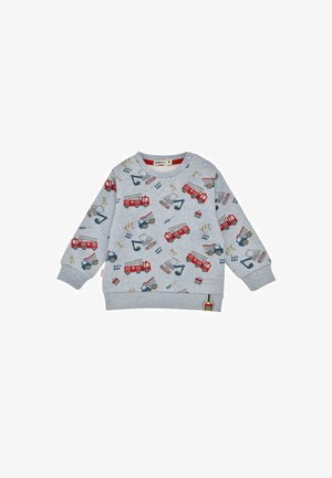 Sweatshirt gris présentant des imprimés de camions de pompiers rouges et de thèmes de construction. Poignets et ourlet côtelés, avec des pressions à l'épaule pour un enfilage facile.