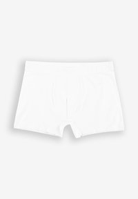 Białe bawełniane bokserki z elastycznym paskiem w talii ozdobionym logo "PROSTIO", klasycznym krojem z klinem z przodu, gładką teksturą.