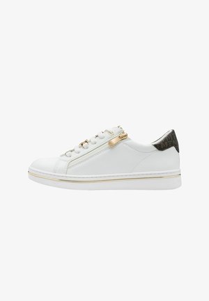 White sneaker with a textured design, gold accents, and a side zipper. Features a contrasting patterned heel and white sole with gold trim.