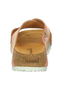 Sandaal met kurken zool en een bovenwerk van roze en meerkleurig geweven materiaal. Voorzien van een achterriem en een textuurvoetbed voor comfort. Witte rubberen buitenzool.