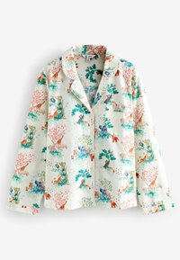 Crème kleurig pyjamashirt met lange mouwen, versierd met kleurrijke illustraties van dieren en bomen, knoopsluiting, notch-kraag en borstzak.