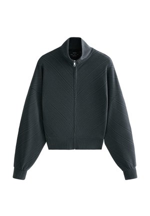 Dark gray zip-up jacket with a high collar, featuring textured diagonal stripes, ribbed cuffs, and a cropped hem.