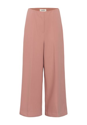 Høj talje, vidbenede bukser i afdæmpet pink med flad front, elastisk taljebånd og søm i kanten.