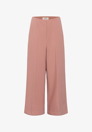 Vysoký pás, široké nohavice v tlmenoružovej farbe s plochým predným dielom, elastickým pásom a olemovaným lemom.