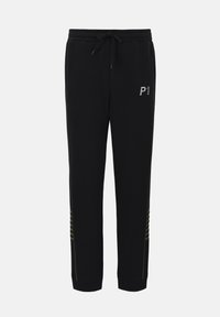 Μαύρο στενό παντελόνι jogger με ρυθμιζόμενο κορδόνι στη μέση, πλαϊνές τσέπες και μικρό λογότυπο "P1" στο πάνω μέρος του μηρού.