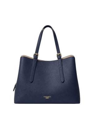 Borsa a tracolla in pelle blu navy con due cinturini regolabili e logo dorato "TWINSET" sul davanti, rifinitura beige all'interno del bordo superiore.