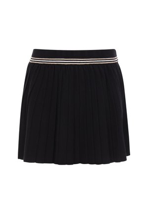 Jupe plissée noire avec une taille côtelée, ornée de deux bandes horizontales blanches et dorées. Tissu doux, longueur courte et design simple.