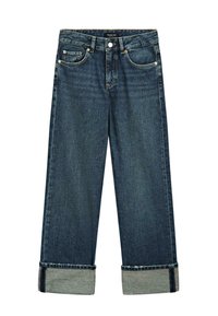 Jeans ampia blu scuro realizzati in denim, con vita alta, orli arrotolati, due tasche frontali e chiusura con bottone metallico classico.