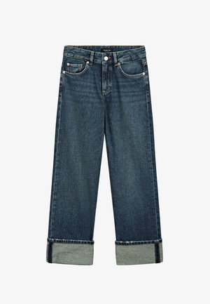 Mörkblå vida jeans i denim, med hög midja, uppvikta benslut, två framfickor och en klassisk metallknappstängning.