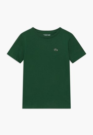 Donkergroen T-shirt met korte mouwen en een ronde hals, voorzien van een klein geborduurd krokodillenlogo op de linkerborst.