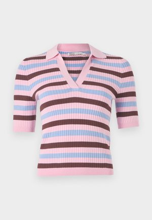 Kortærmet, ribbet strik top med V-hals, prydet med skiftevis striber i pink, blå og brun farve. Kraven er lyserød.